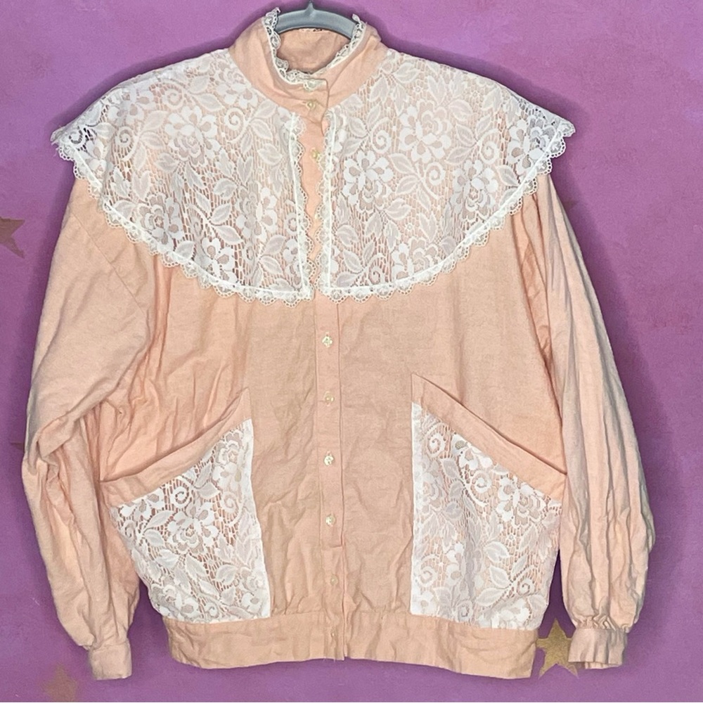 Gunne Sax Vintage Peach Ivory Lace Victorian Soft Cotton Jacket Gunnies